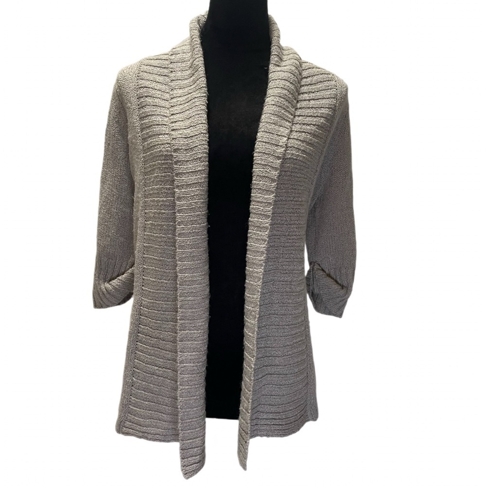 Kim Rogers Gray Ribbed Open Front Cardigan Marled Knit 3/4 Sleeve Sweater Size S